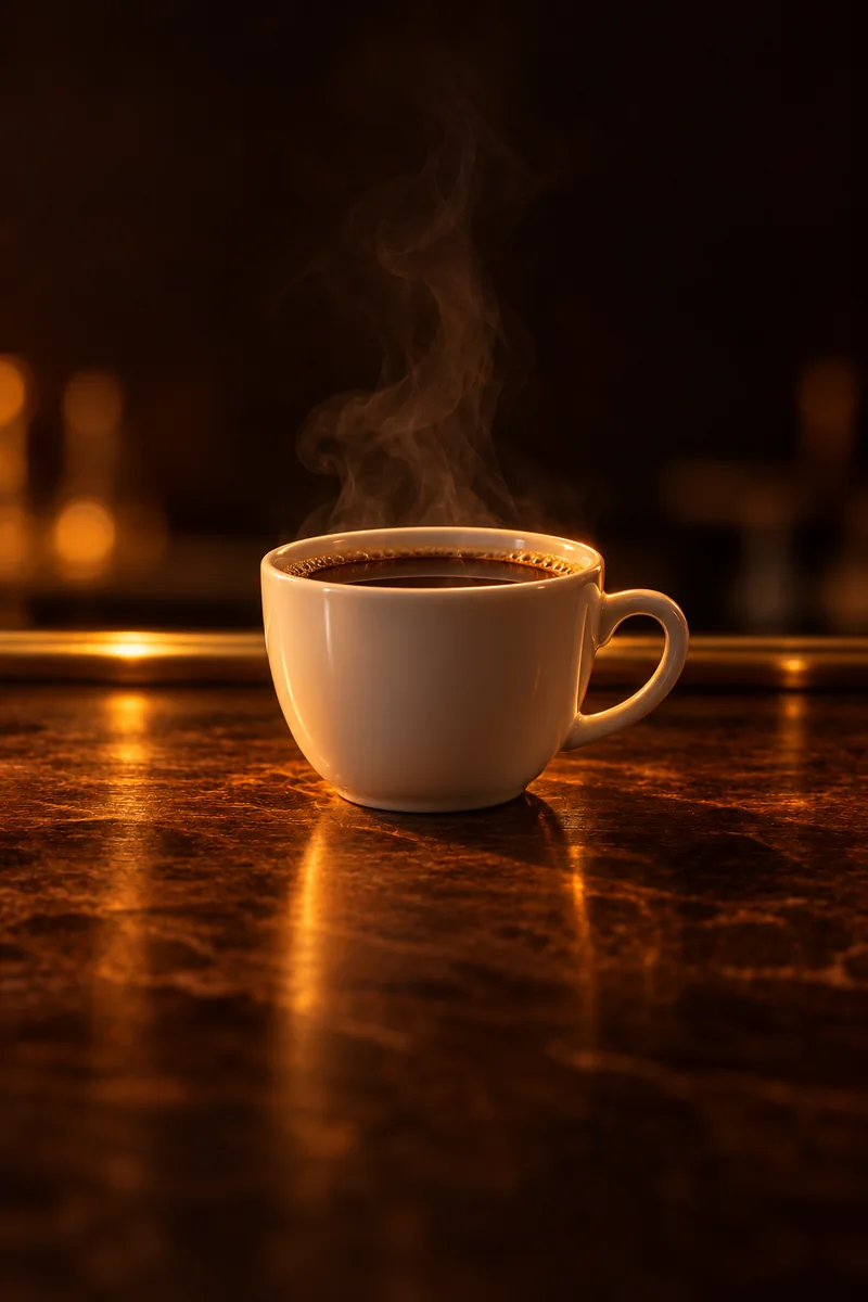 Illustration of Kaffepunch: hot dark brown coffee, steaming and opaque, in a plain white ceramic coffee cup.