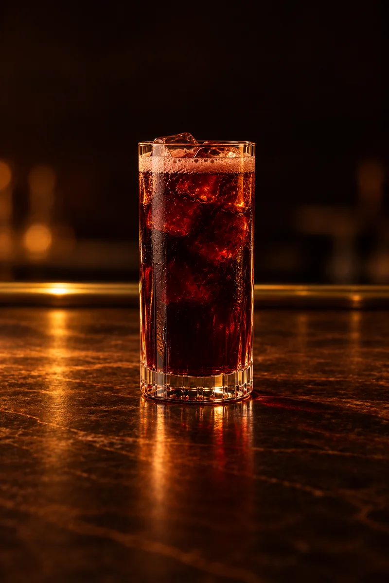 Illustration of Kalimotxo: dark reddish brown and nearly opaque, in a tall straight Collins glass.