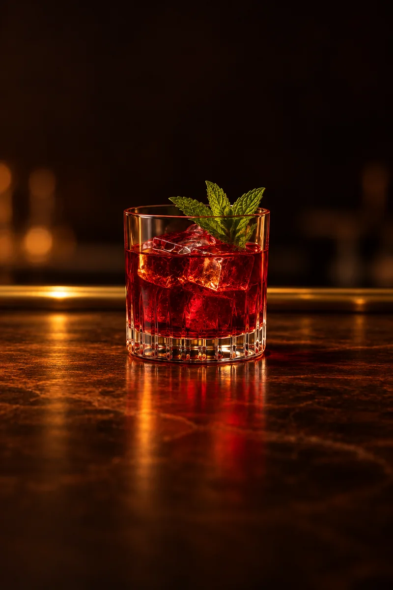 Illustration of Karkadeh: clear deep ruby red, still, in a clear glass tumbler.