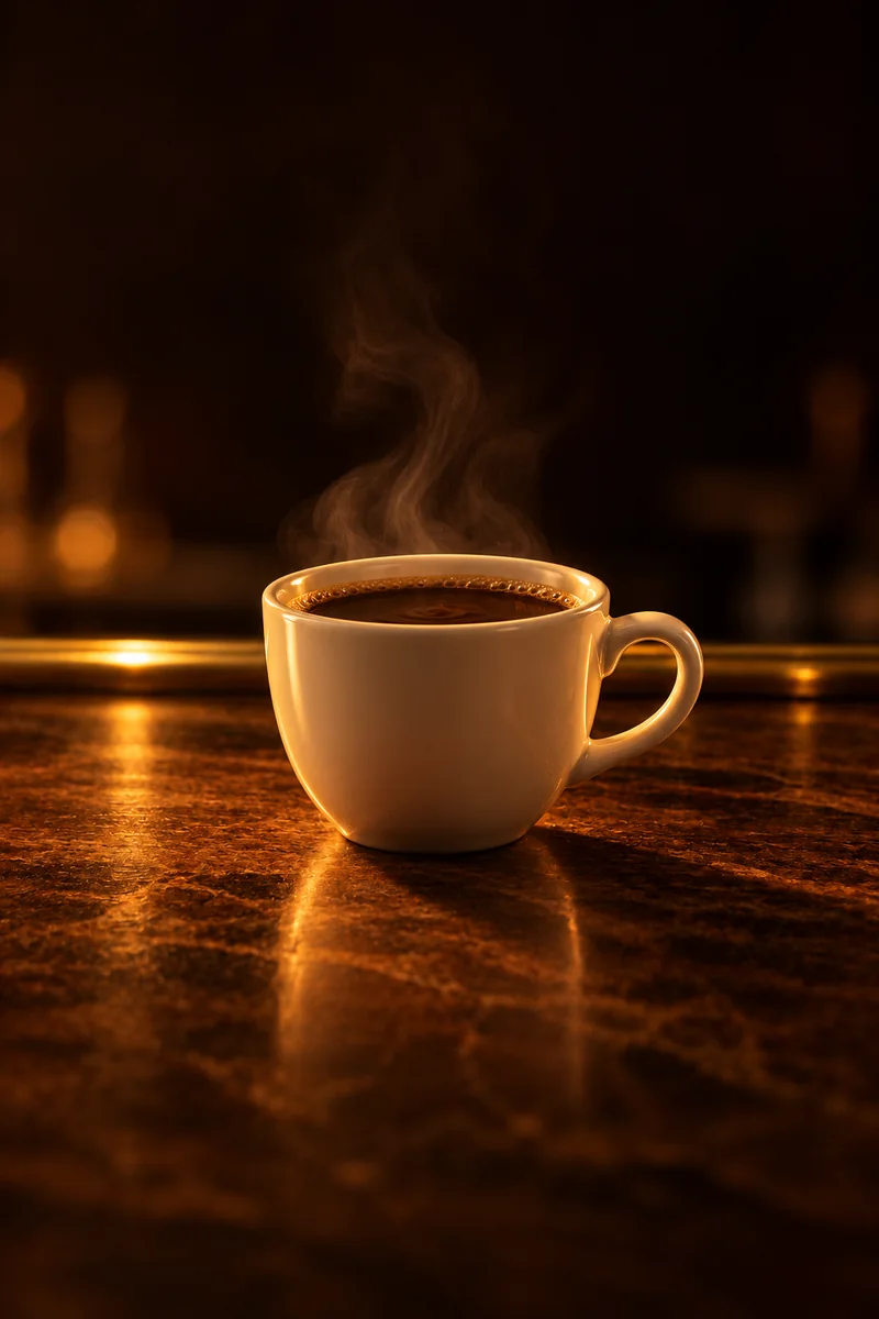 Illustration of Karsk: hot dark brown coffee, steaming and opaque, in a plain cream ceramic coffee cup.