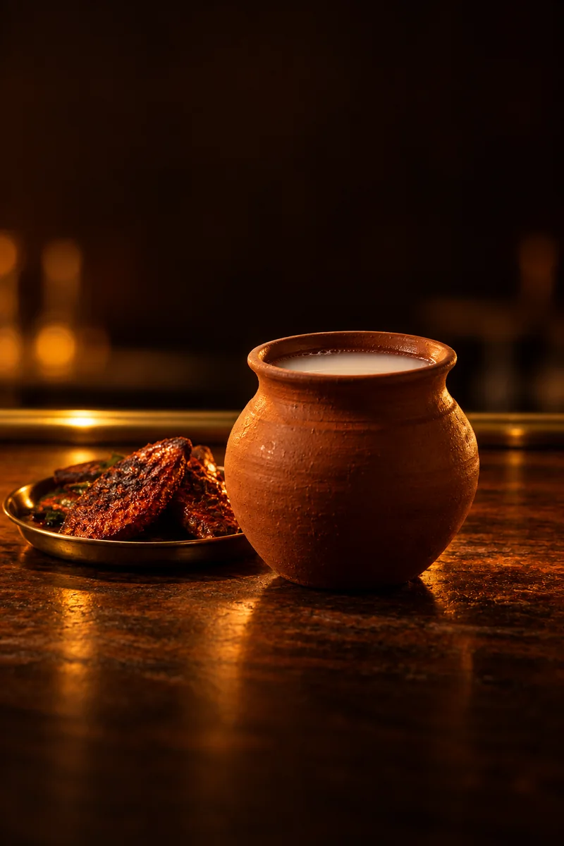 Illustration of Kerala Toddy (Kallu): milky pale liquid, in a potbellied unglazed clay pot.