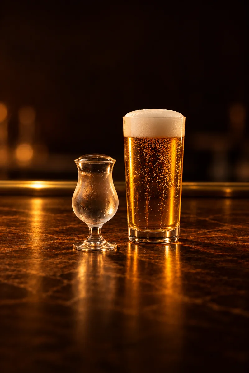 Illustration of Kopstootje: clear colorless jenever in a frosted glass, beside golden lager with a white foam head, in a small tulip-shaped glass of jenever filled to a domed brim, standing beside a tall straight glass of lager.
