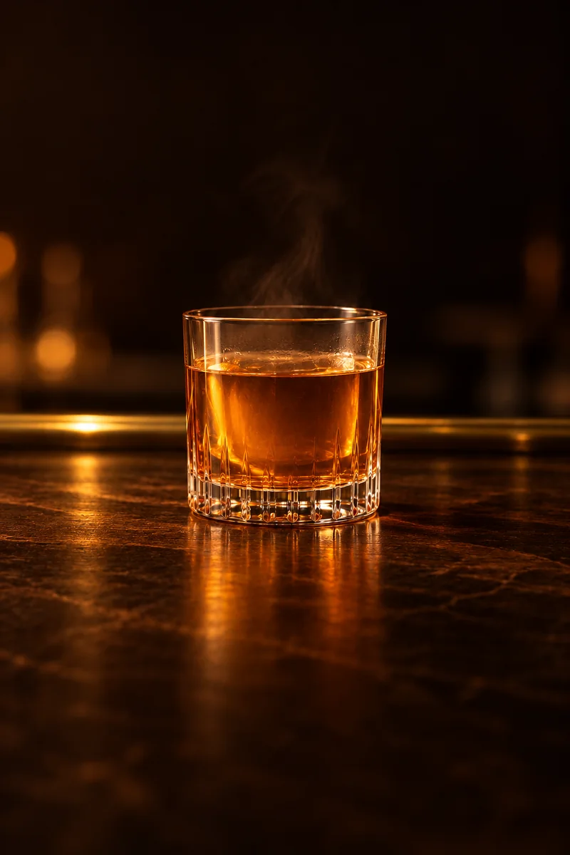 Illustration of Warm Krupnik: clear amber to golden brown honey spirit with faint steam, in a small glass holding a few ounces.