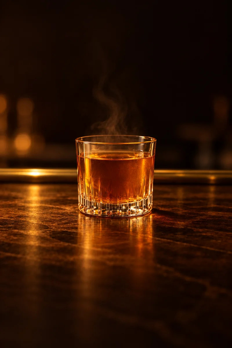 Illustration of Warm Krupnikas: clear amber to golden brown honey liquid with light steam, in a small glass holding a few ounces.