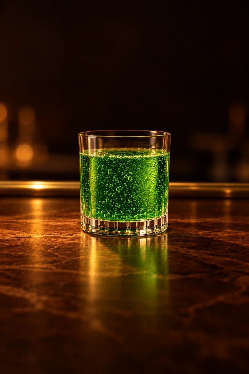 Illustration of Lagidze Water: bright green, clear and fizzy with fine bubbles, in a plain straight glass tumbler.