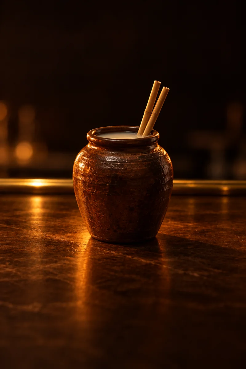 Illustration of Lao Hai (Jar Rice Wine): hazy pale rice wine, only the surface visible at the mouth of the jar, in an earthenware jar with a pair of bamboo straws in its mouth.