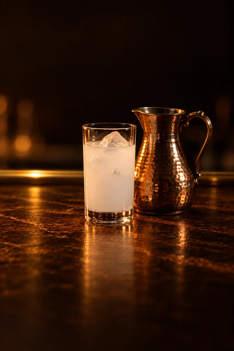 Illustration of Arak with Water and Ice: opaque, milky white and cloudy, in a small cup.