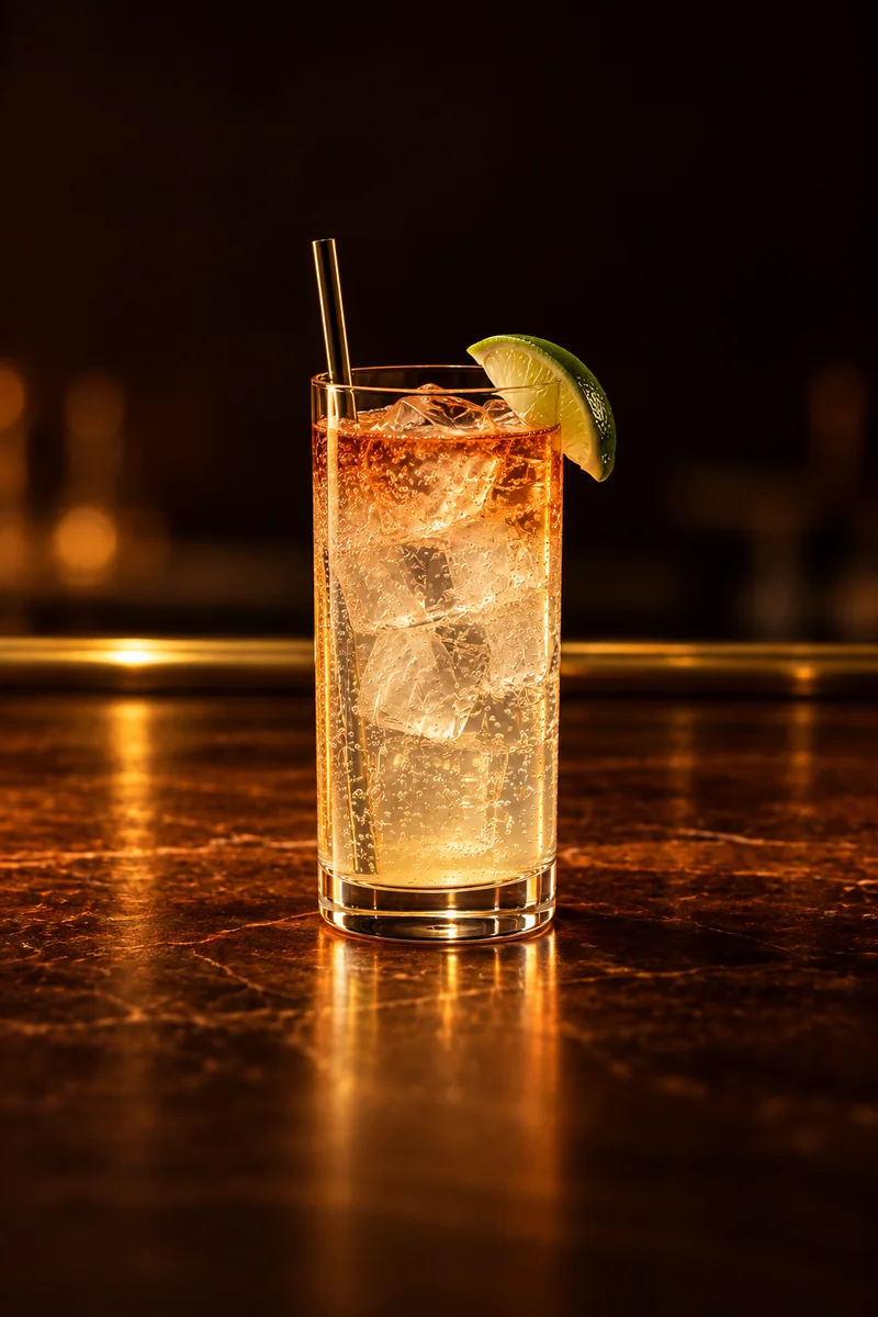 Illustration of Lemon, Lime and Bitters: pale clear lemon-lime fizz with a pink-brown bitters tinge near the top, in a tall straight Collins glass.