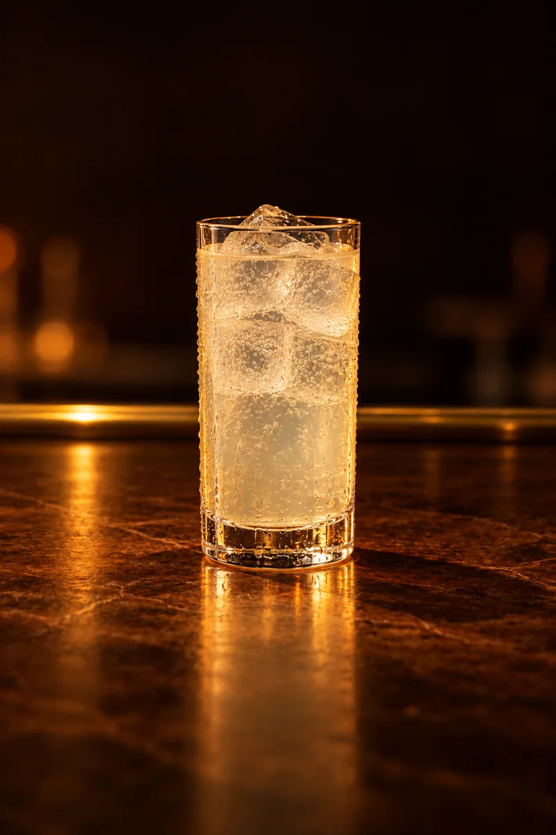 Illustration of Lonkero (Finnish Long Drink): pale near-white, near clear, with lively bubbles, in a tall straight highball glass beaded with condensation.