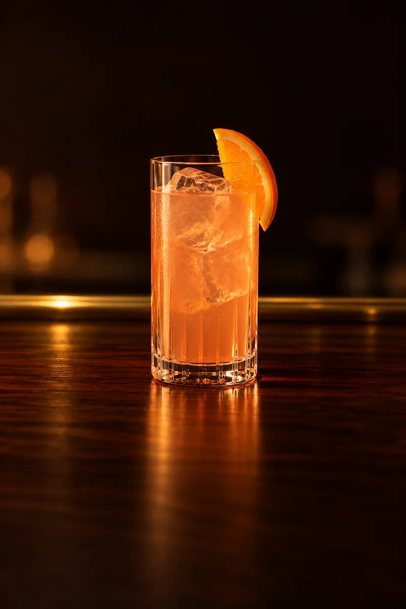Illustration of Macuá: pale pink-orange, clear to slightly hazy, in a tall highball glass.