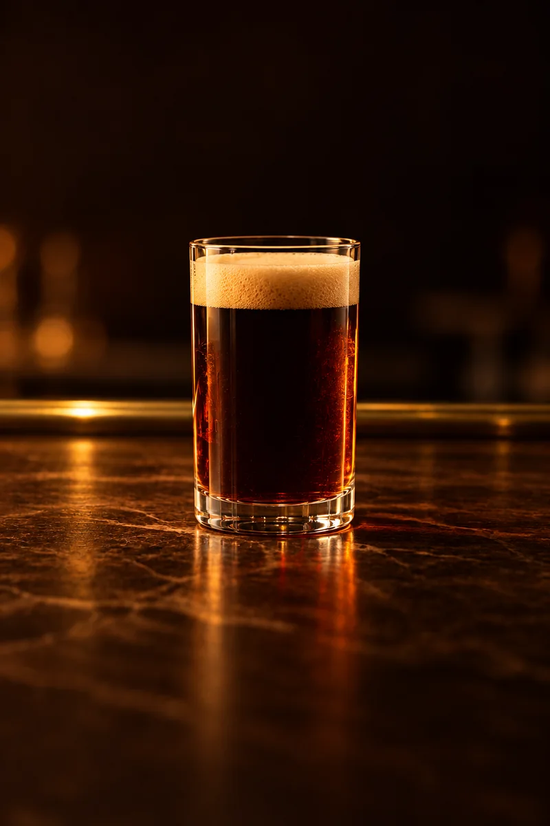 Illustration of Malt og Appelsin: dark amber-brown with a pale foam head, in a plain tall straight-sided tumbler.