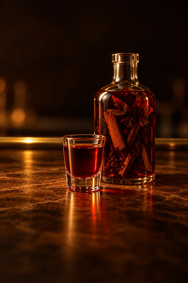 Illustration of Mamajuana: deep red, clear and still, like port, in a small shot glass.