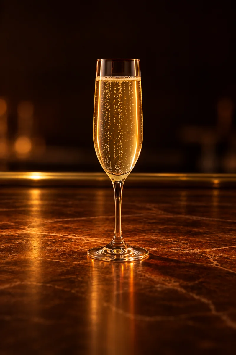 Illustration of Medio y Medio: pale straw yellow and clear with fine bubbles rising, in a tall champagne flute.