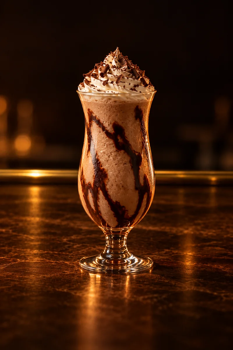 Illustration of Mudslide: thick creamy light brown, smooth, blended, in a chilled tall hurricane glass with chocolate syrup swirled on the inside.