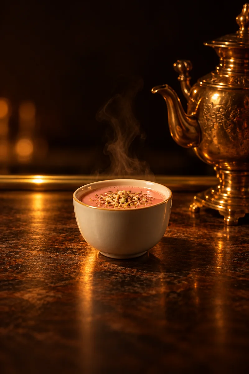 Illustration of Noon Chai (Pink Tea): opaque pink, in a small white ceramic teacup.