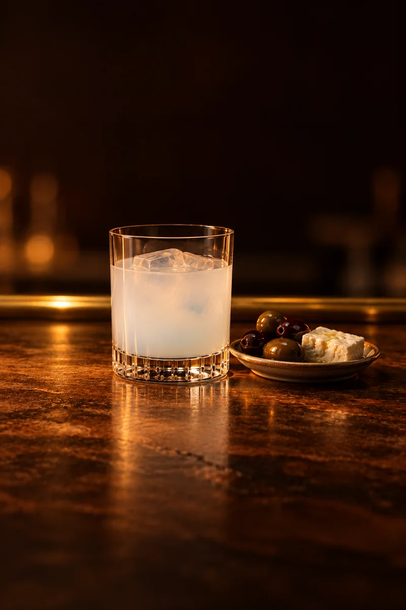 Illustration of Ouzo with Water: milky cloudy white and opaque with a faint blue tinge, in a small straight-sided glass.