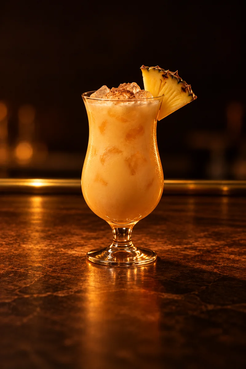 Illustration of Painkiller: pale cream-orange and opaque, in a tall hurricane glass.
