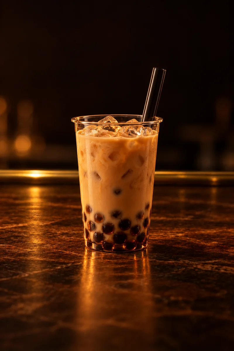 Illustration of Pearl Milk Tea (Bubble Tea): opaque light tan milk tea with dark caramel-brown tapioca pearls settled at the bottom, in a tall clear plastic cup with an extra-wide straw.