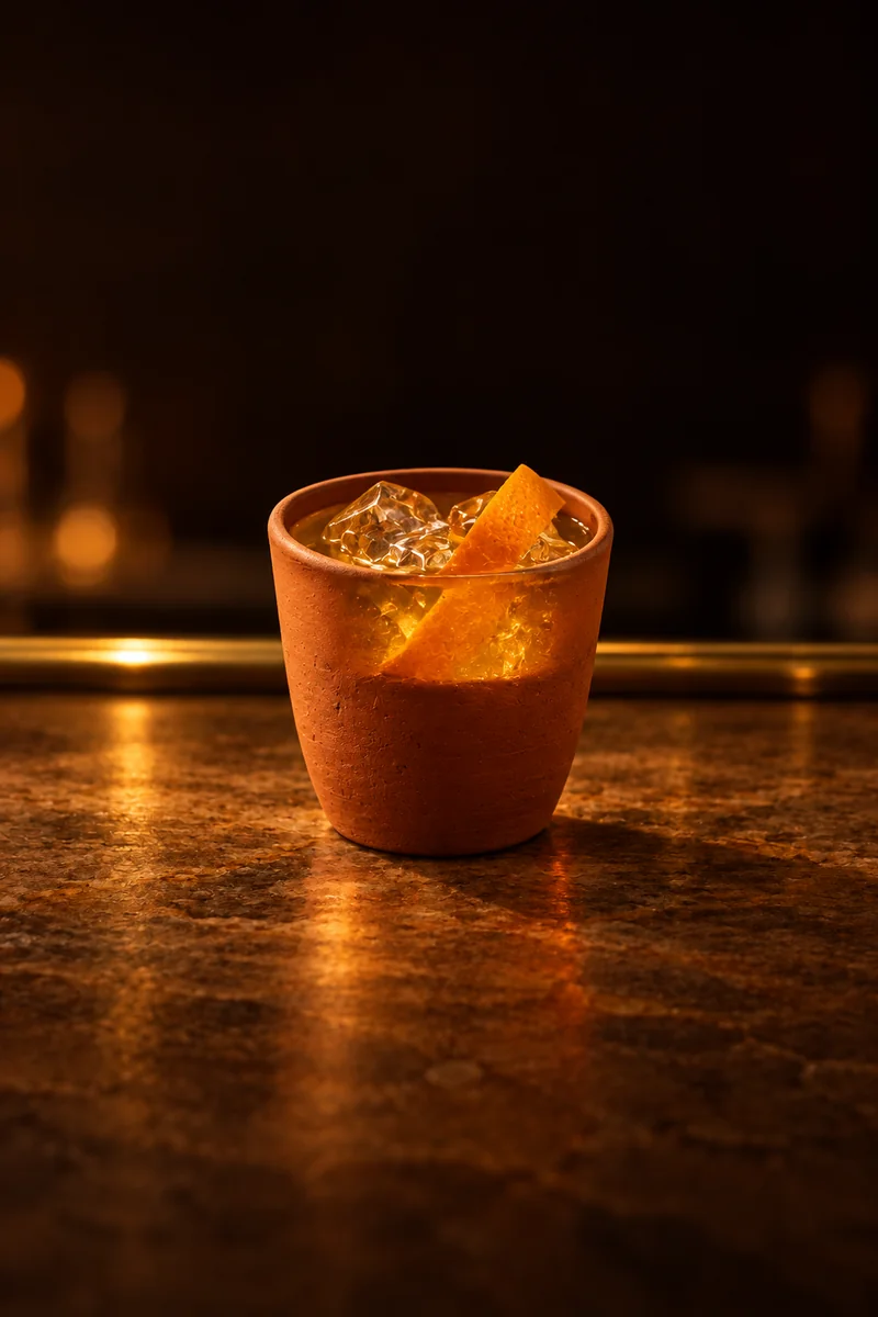 Illustration of Planter's Punch: pale gold to light amber, clear, in a small unglazed terracotta tumbler.