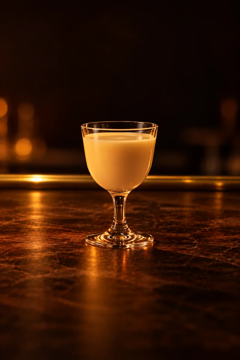 Illustration of Ponche Crema: thick, creamy, opaque pale cream, in a small stemmed liqueur glass.