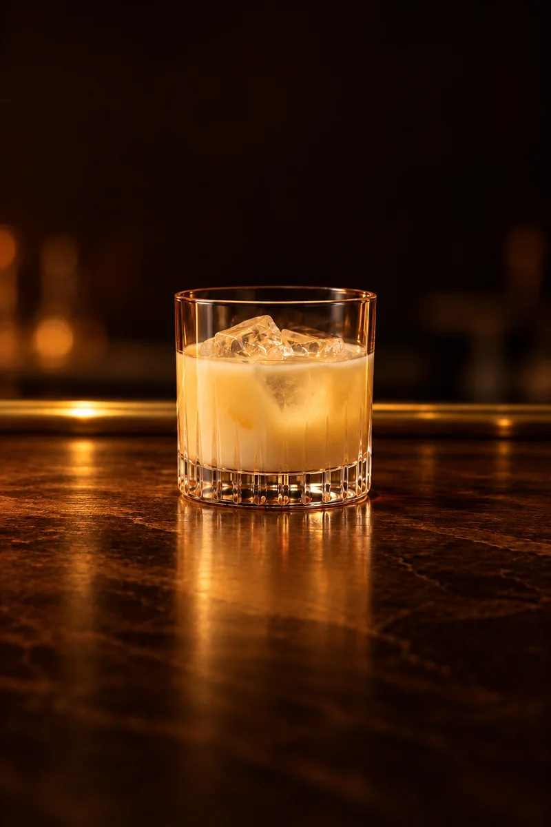 Illustration of Ponche de Crème: pale cream to light yellow, smooth and velvety, no foam, in a small plain tumbler.