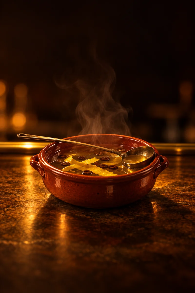Illustration of Queimada: clear pale spirit with coffee beans and citrus peel resting in it, in a glazed terracotta clay cazuela pot with a long ladle resting across it.