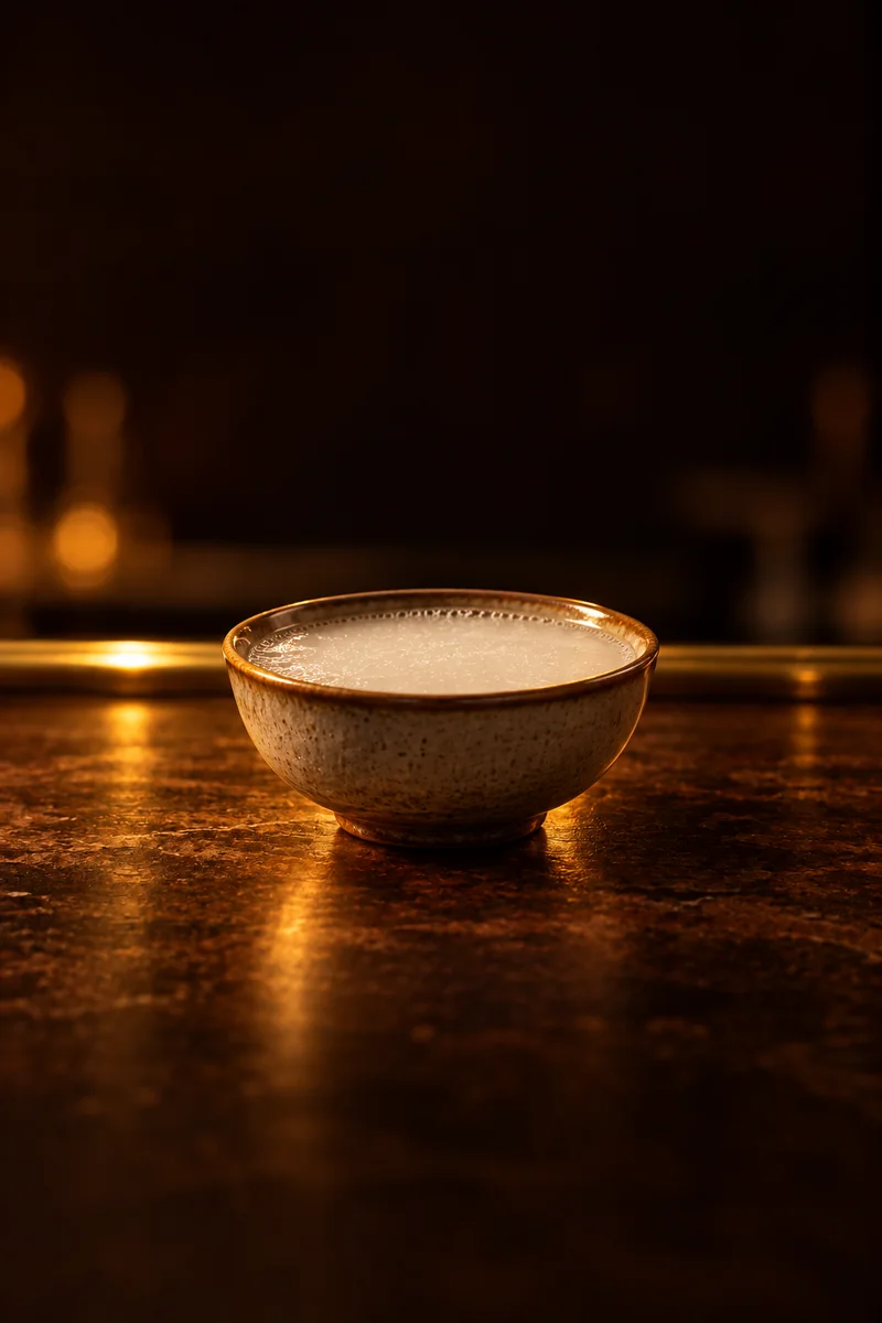 Illustration of Qymyz (Kumis): thin pale white with a slight fizz, in a small shallow handle-less ceramic bowl, a piyala.