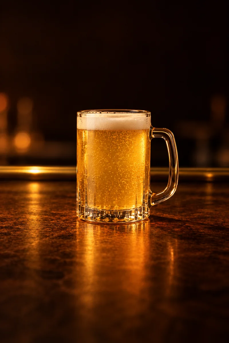 Illustration of Radler: pale cloudy gold with fine bubbles and a modest white foam head, in a large straight-sided glass beer mug with a handle.