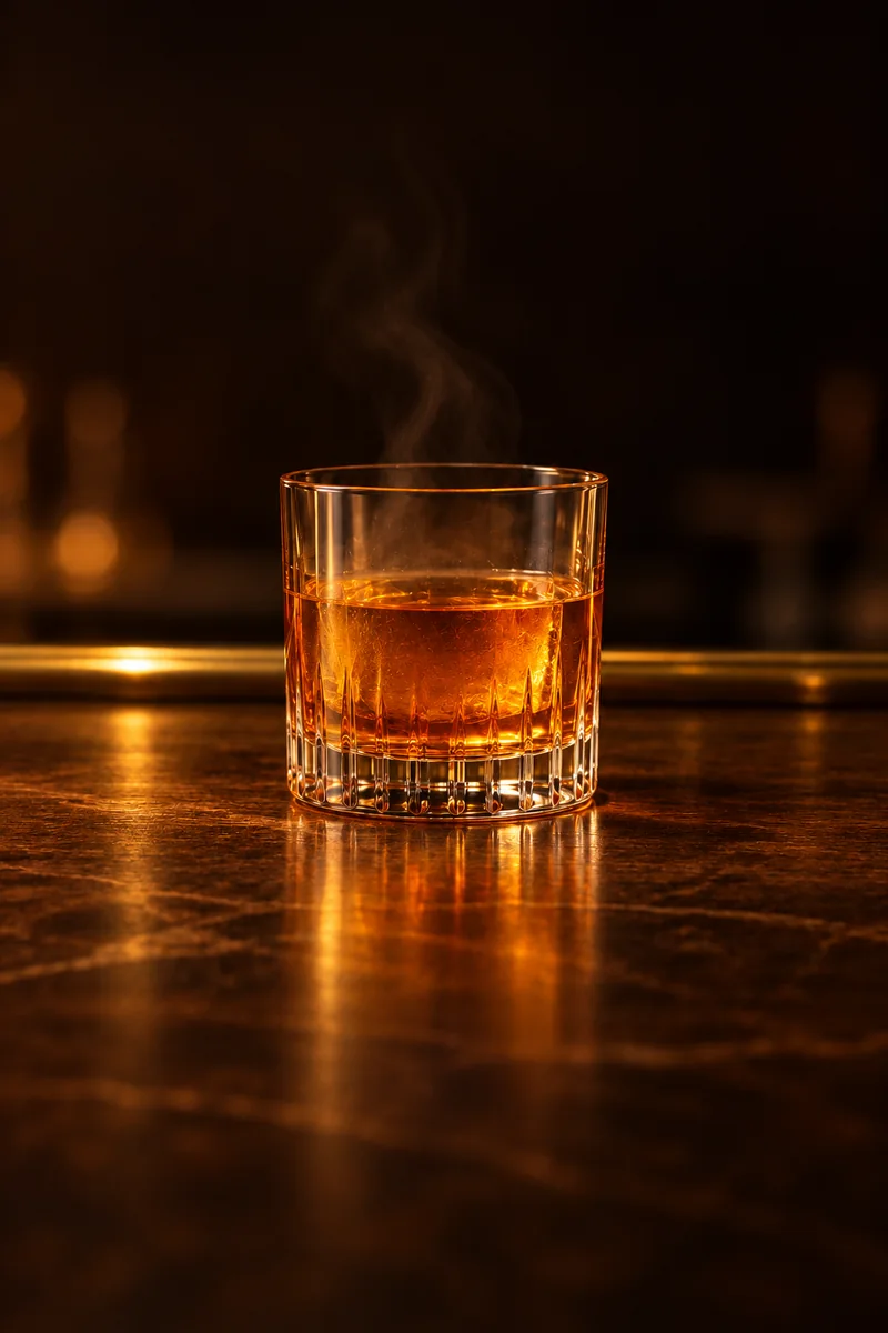 Illustration of Honey Raki: warm golden amber honey spirit with faint steam, in a small thick-walled tumbler, poured partway.