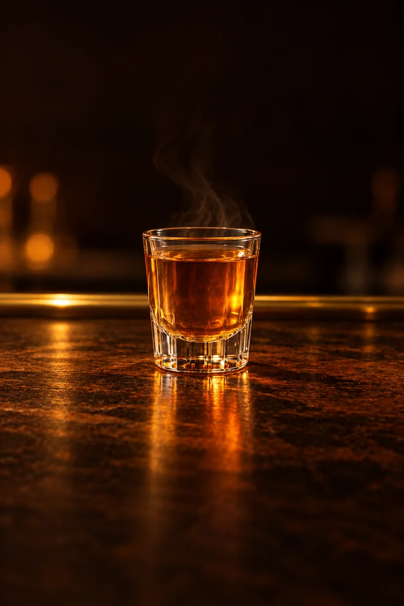 Illustration of Rakomelo: clear warm amber, brandy-like, with faint steam, in a small shot glass.