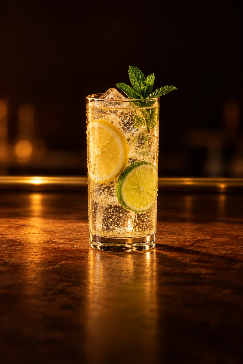 Illustration of Rebujito: pale straw, nearly clear, with fine bubbles rising, in a tall straight Collins glass beaded with condensation.