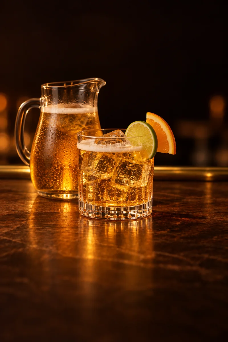 Illustration of Refajo: clear golden amber and fizzy with a thin white head, in a straight-sided glass tumbler.