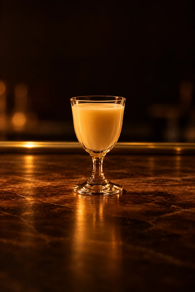 Illustration of Rompope de Salcajá: creamy pale yellow, smooth and opaque, in a small stemmed liqueur glass.