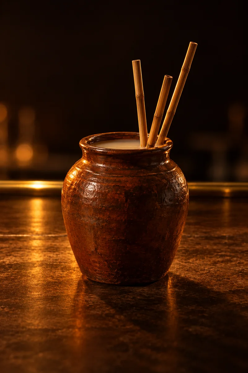 Illustration of Ruou Can (Jar Wine): cloudy pale rice wine, only the surface visible at the mouth of the jar, in a large clay jar with long bamboo straws sticking out of its mouth.