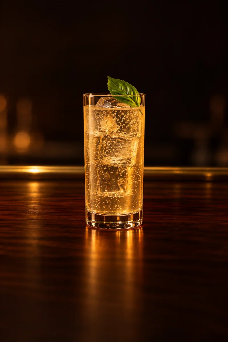 Illustration of Sabai Sabai (Mekhong Collins): clear pale amber with rising bubbles, in a tall straight Collins glass.