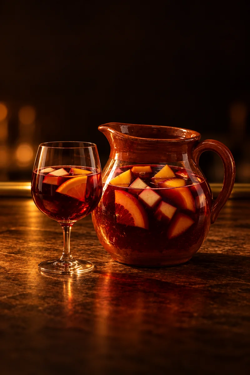 Illustration of Sangria: deep translucent red wine with chunks of orange, apple and peach floating in it, still, no foam, in a wide-mouthed glazed terracotta clay pitcher, with a plain stemmed wine glass of the same red wine beside it.