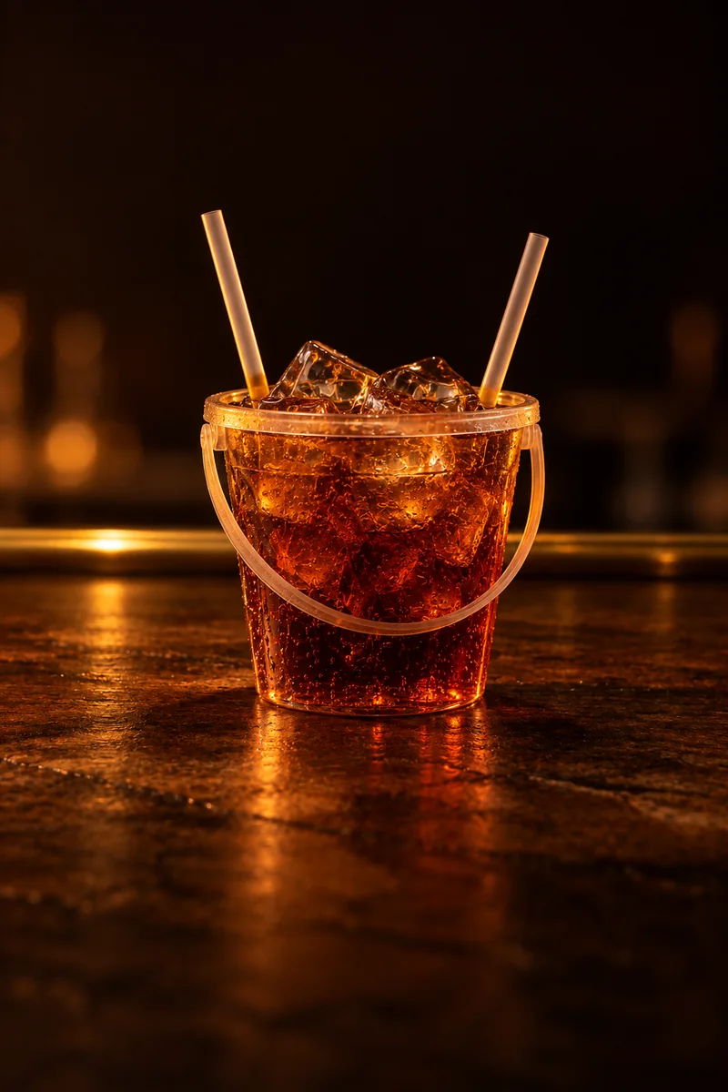 Illustration of SangSom Bucket: dark brown and cola-colored with a light fizz, in a small plastic beach bucket with two plastic straws.