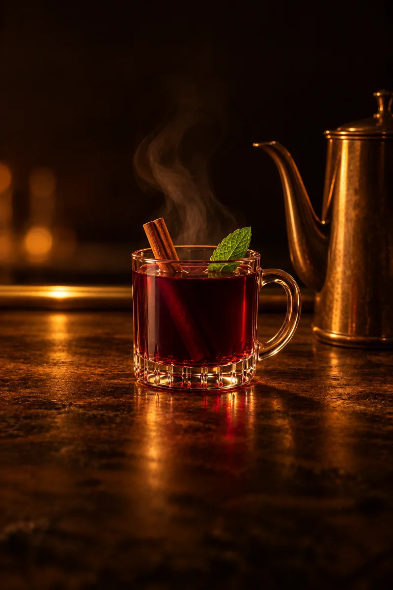 Illustration of Sbiten: hot dark purple and translucent with steam, in a small clear glass mug.