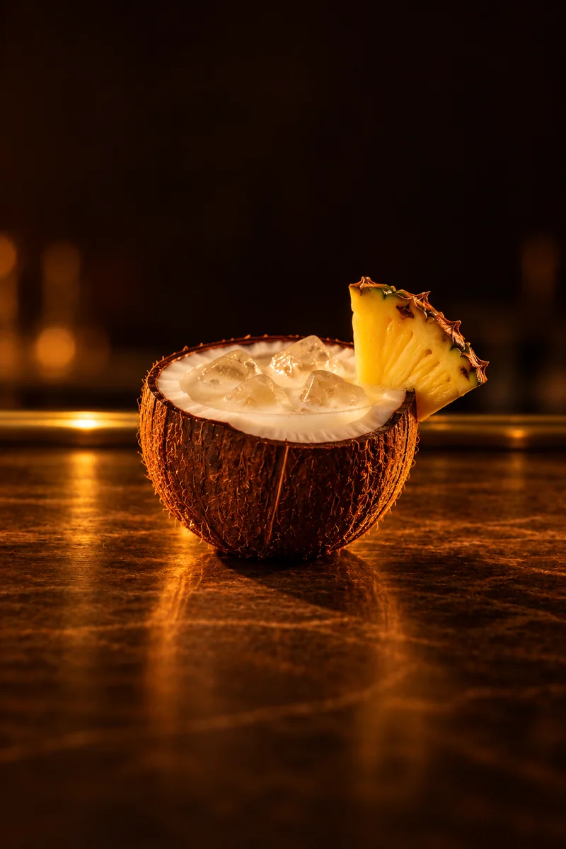 Illustration of Sky Juice: milky cloudy white, smooth, in a halved coconut shell.