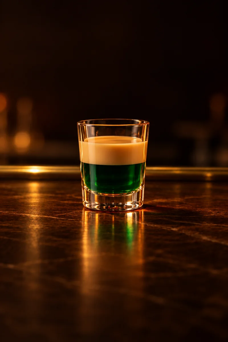 Illustration of Springbokkie: two sharply separated flat layers, green peppermint liqueur at the bottom and opaque gold-toned cream Amarula on top, in a small straight-sided shot glass.