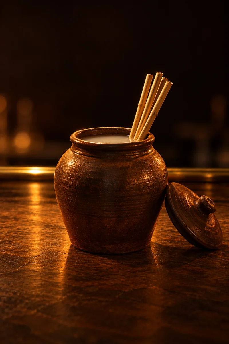 Illustration of Sra Peang (Jar Wine): cloudy white rice wine, only the surface visible at the mouth of the jar, in a large lidded earthenware jar with the lid set aside and a bundle of long bamboo straws in the mouth.