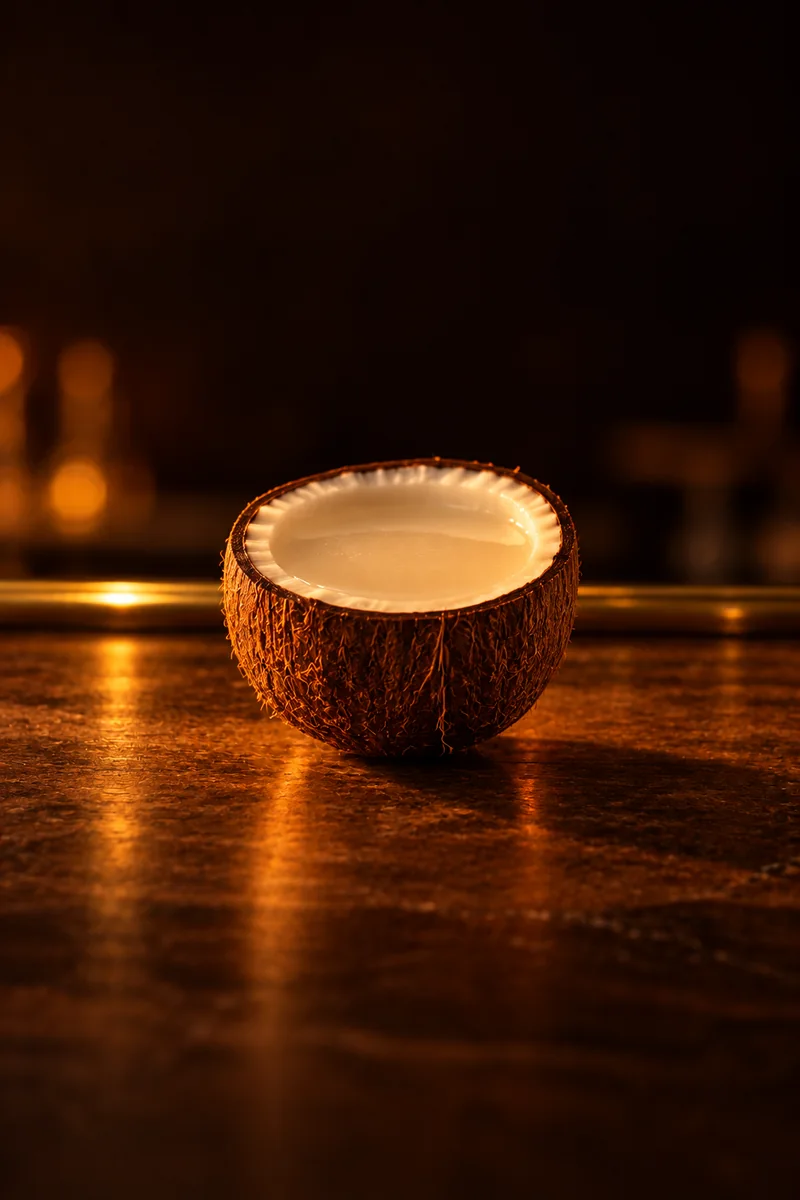 Illustration of Coconut Toddy: whitish and slightly cloudy, in a half coconut shell.