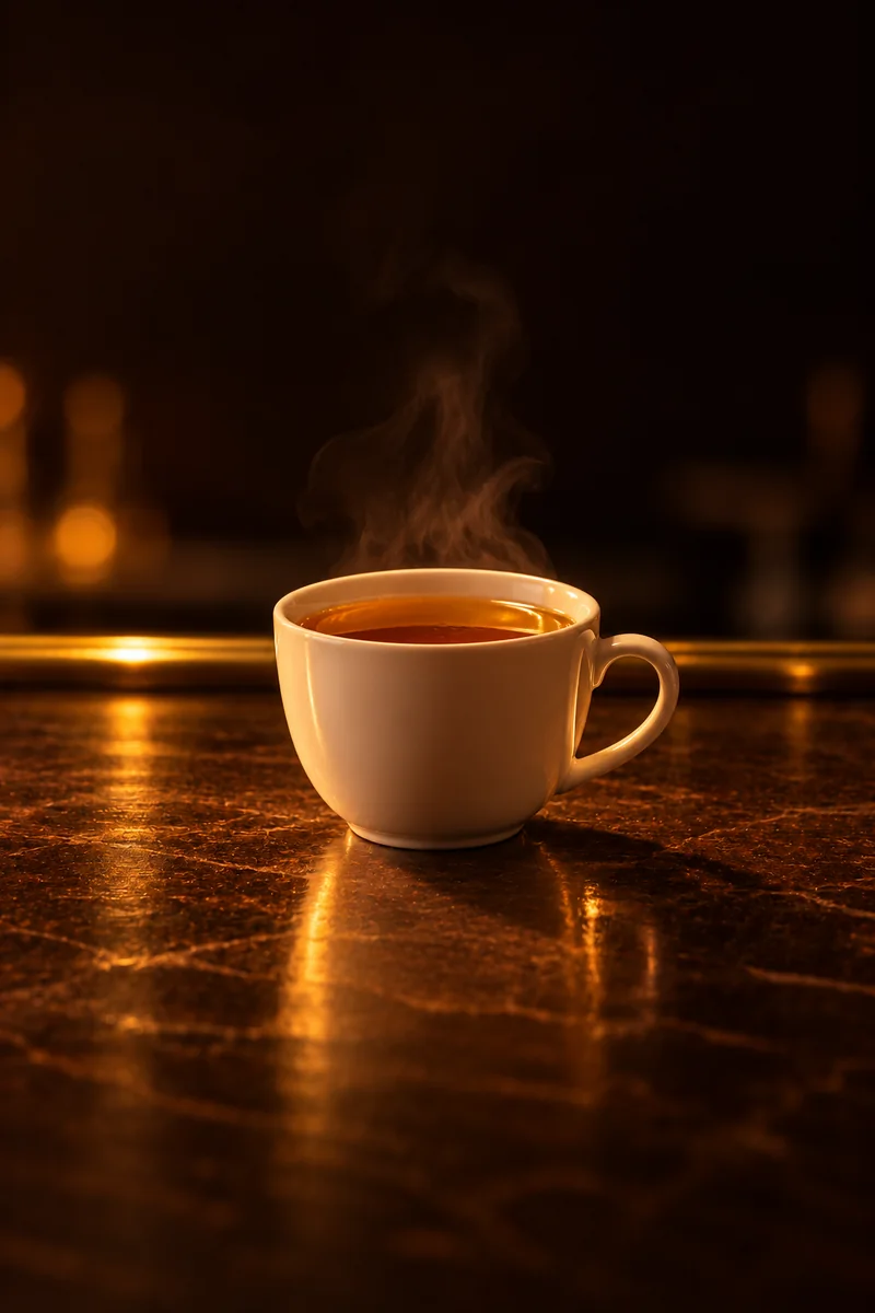 Illustration of Sumadija Tea (Hot Rakija): hot clear light brown from caramelized sugar with steam rising, in a small plain white ceramic cup with a handle.