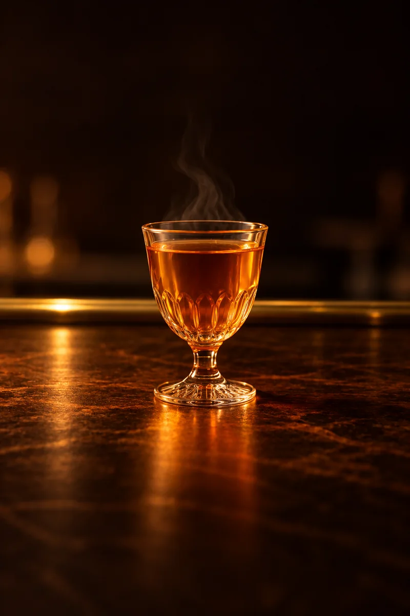Illustration of Swedish Punsch: clear pale golden, warm and steaming, in a small decorative glass cup the size of a liqueur glass.