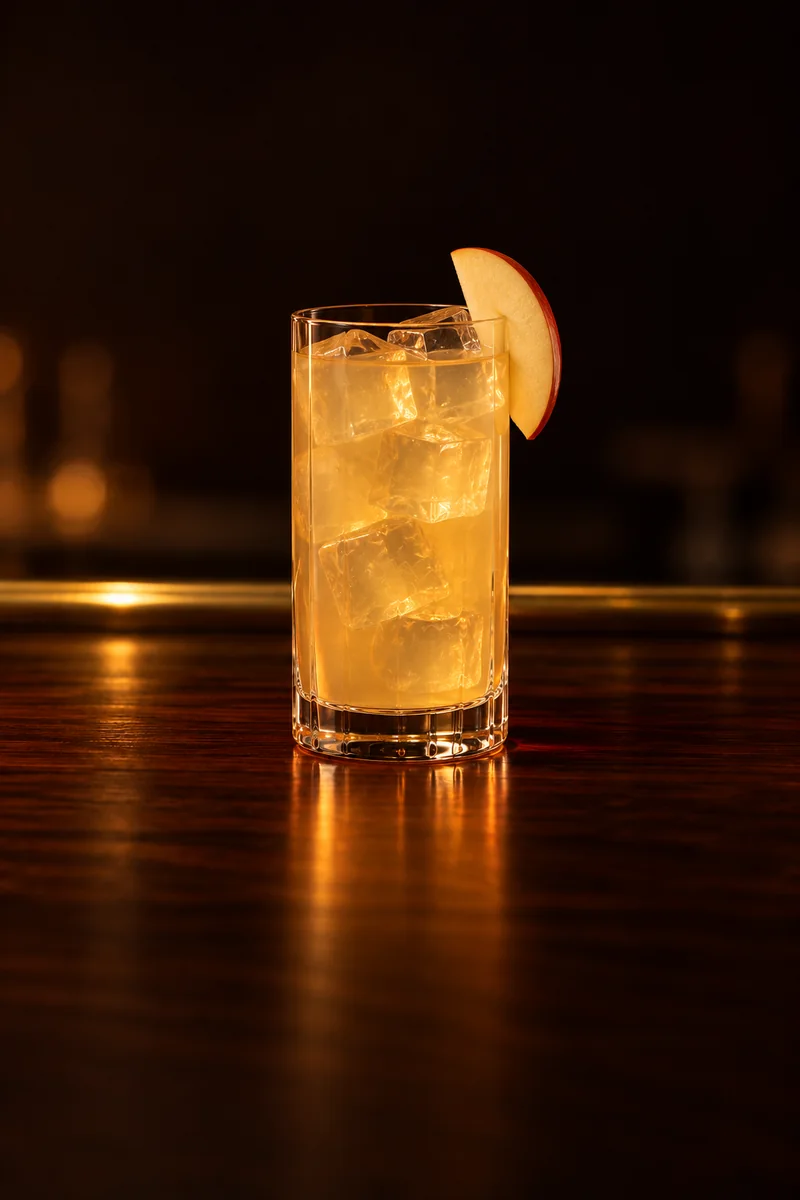 Illustration of Szarlotka (Zubrowka and Apple Juice): pale cloudy golden-yellow, still, no bubbles and no foam, in a tall straight-sided highball glass.