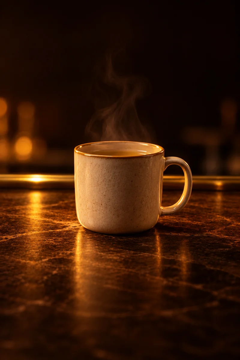 Illustration of Tatra Chalet Hot Tea: clear pale golden herbal tea, in a plain ceramic mug with a handle.