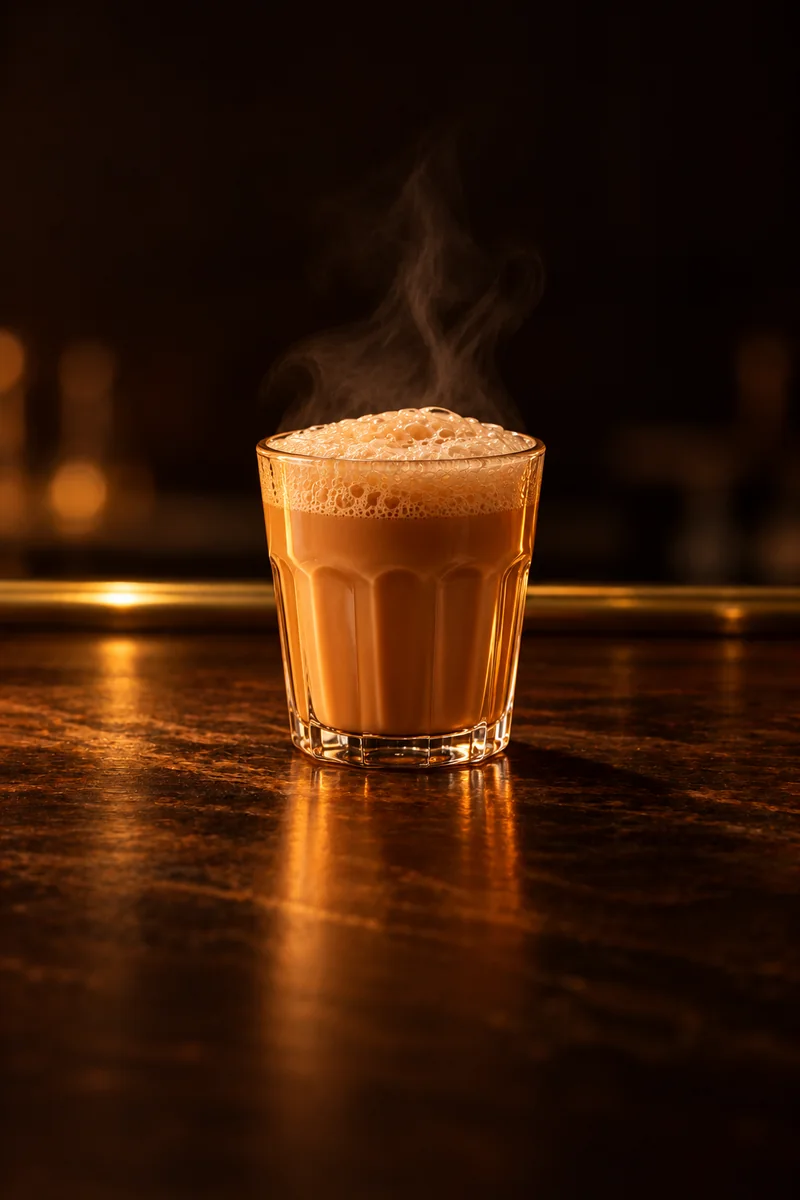 Illustration of Teh Tarik: golden brown tea with a thick pale froth on top, in a small clear tea glass.