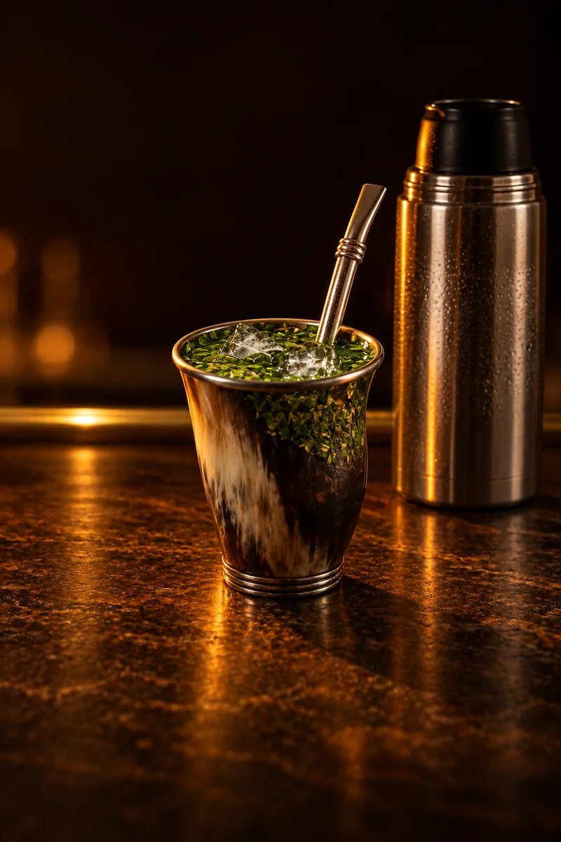 Illustration of Terere: bright green yerba packed in the cup with cold clear water poured over it, in a cattle-horn guampa cup filled two-thirds with yerba, a metal bombilla straw standing in it.