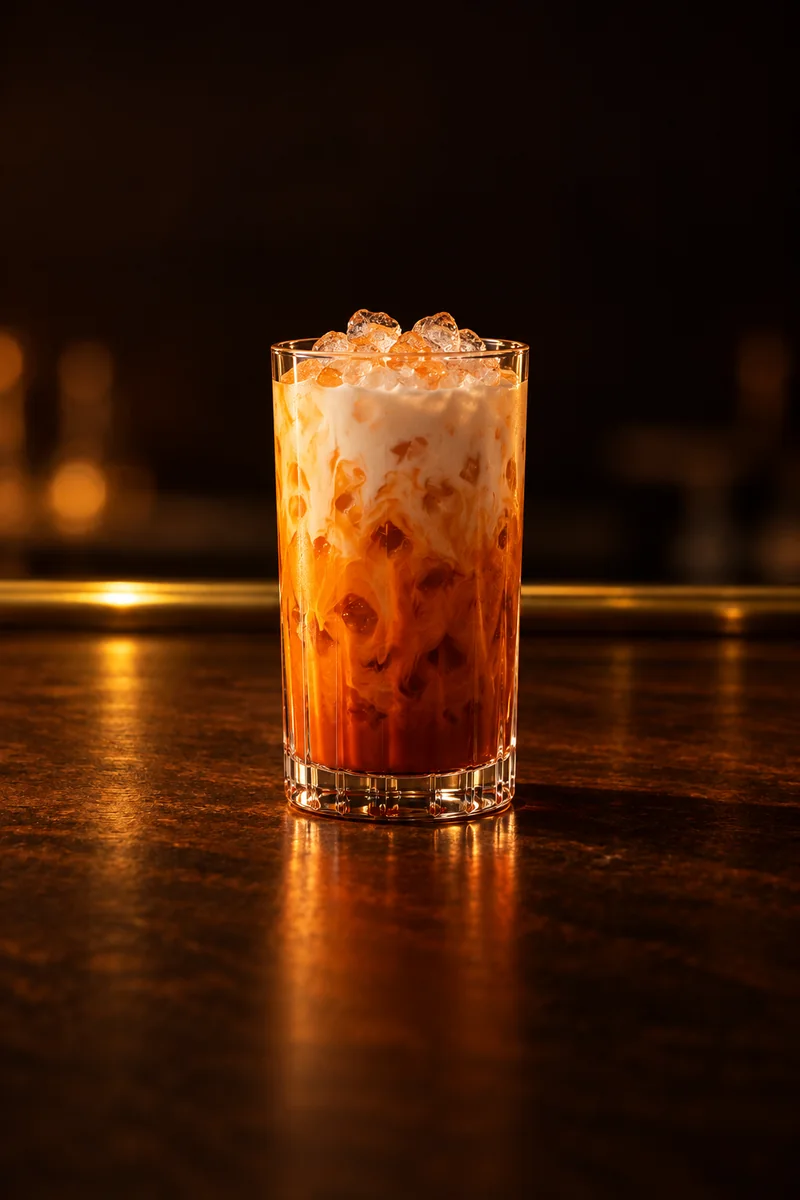 Illustration of Thai Iced Tea (Cha Yen): orange tea with creamy white milk poured over it, in a tall straight glass.