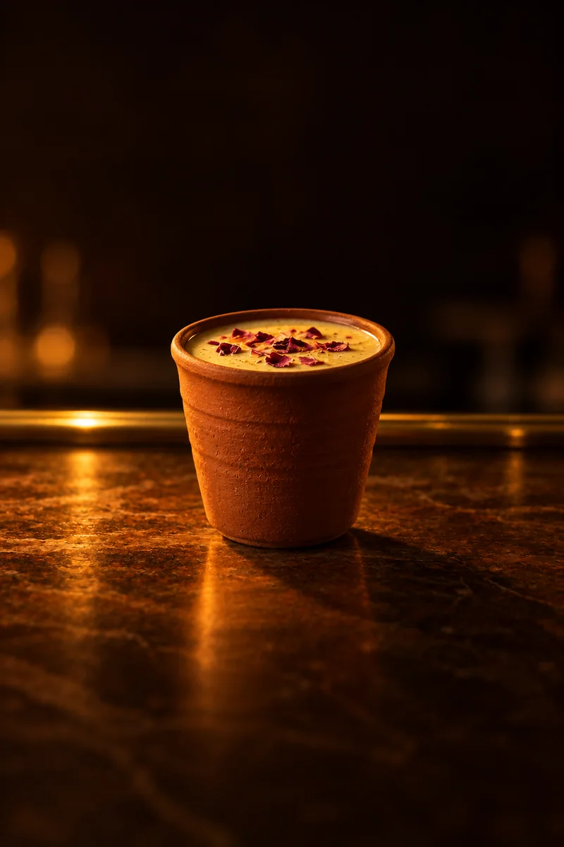 Illustration of Thandai: opaque pale saffron-yellow milk, in a small plain cup.